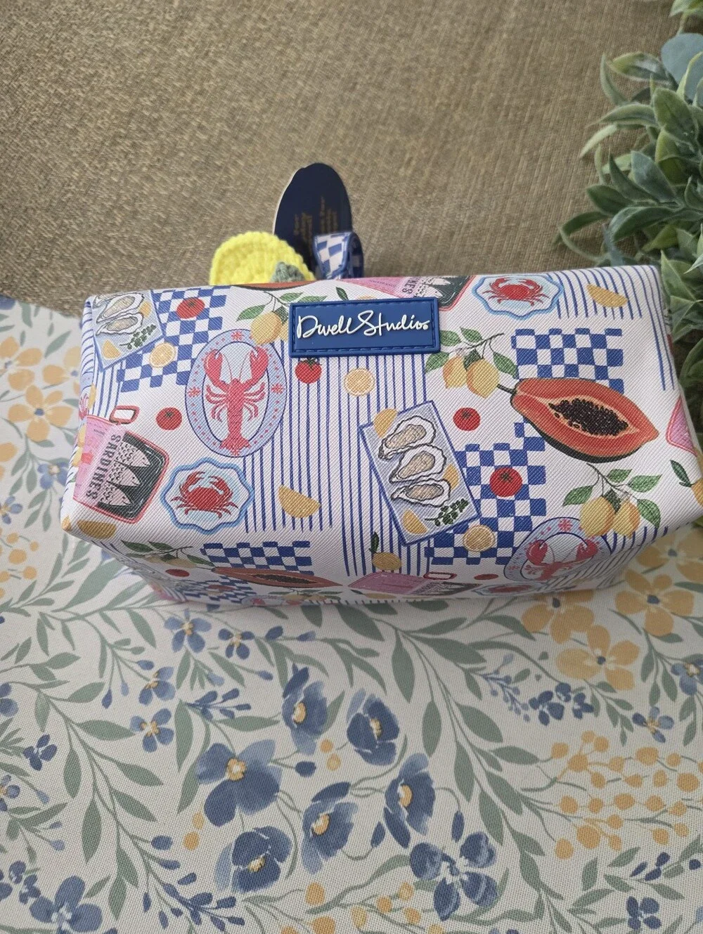 Blue Patterned Cosmetic  Pouch with Yellow Lemon Charm